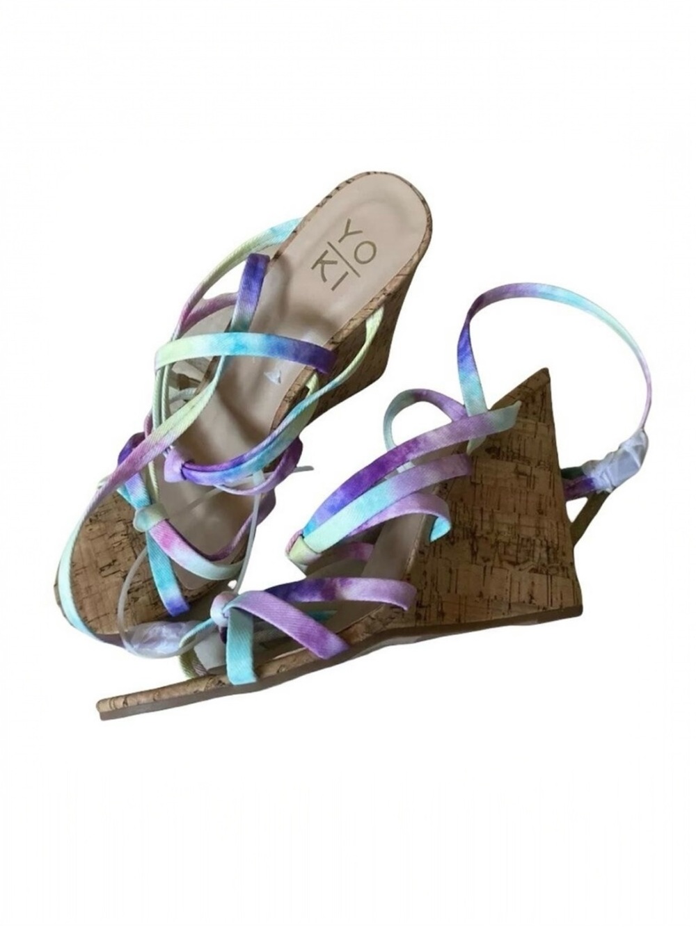 Yoki Cork Wedge Heels Womens Size 8 Strappy Ankle Strap Tie Dye NWOT